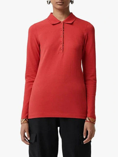 Shop Burberry Long-sleeve Check Placket Cotton Piqué Polo Shirt In Red