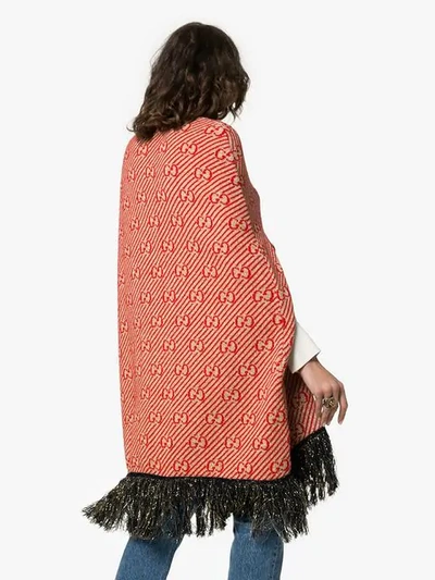 Shop Gucci Wool Gg Logo Glitter Fringe Cape In Red