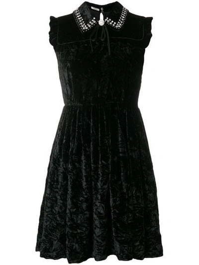 Shop Miu Miu Crystal Embellished Velvet Mini Dress In Black