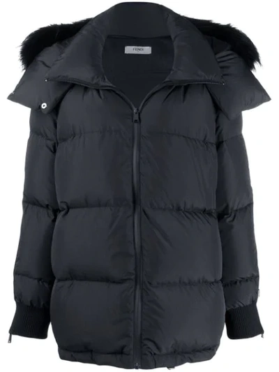 Shop Fendi Fox-fur Trimmed Coat In F0gme Black