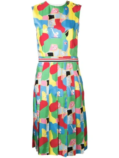 Shop Thom Browne Silk Swimmer Sleeveless Pleated Dress In Blue