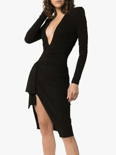 Shop Alexandre Vauthier Deep V Gathered Waist Padded Shoulder Midi Dress In Black