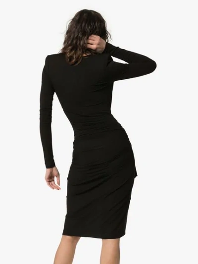 Shop Alexandre Vauthier Deep V Gathered Waist Padded Shoulder Midi Dress In Black
