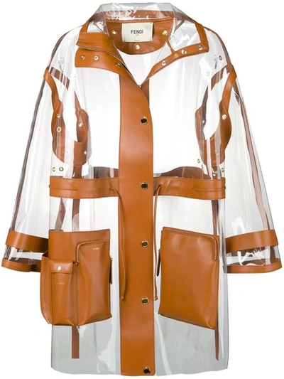 Shop Fendi Leather Trim See-through Raincoat In Brown