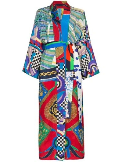 Shop Rianna + Nina Long Multi Checkerboard Floral Print Silk Kimono Robe - Multicolour