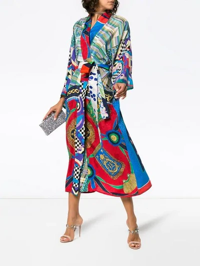 Shop Rianna + Nina Long Multi Checkerboard Floral Print Silk Kimono Robe - Multicolour