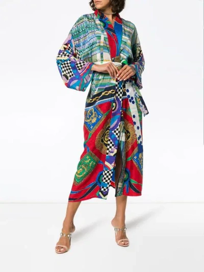 Shop Rianna + Nina Long Multi Checkerboard Floral Print Silk Kimono Robe - Multicolour