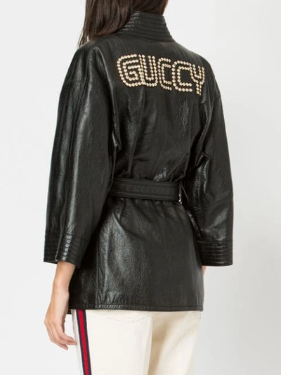 Shop Gucci Leather Jacket With Guccy Appliqué In Black