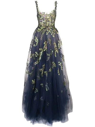 Shop Oscar De La Renta Structured Gown With Botanical Embroidery In Blue