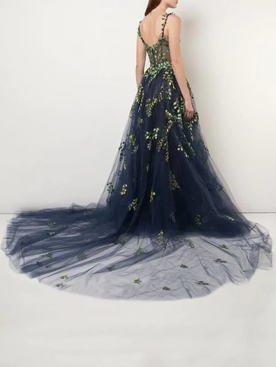 Shop Oscar De La Renta Structured Gown With Botanical Embroidery In Blue