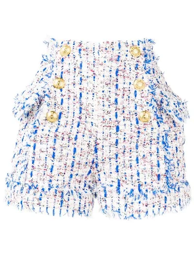 Shop Balmain High-waist Tweed Shorts In White