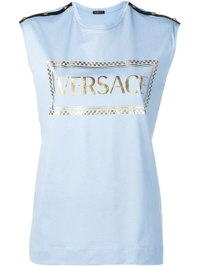 Shop Versace Logo Print Tank Top In Blue