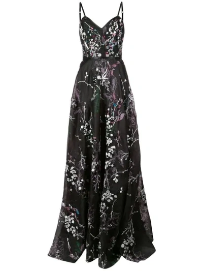 Shop Marchesa Notte Floral Embroidered Gown In Black