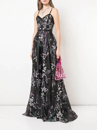Shop Marchesa Notte Floral Embroidered Gown In Black
