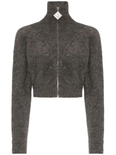 Shop Alessandra Rich Crystal Embellished Cropped Mohair Blend Cardigan In Grey