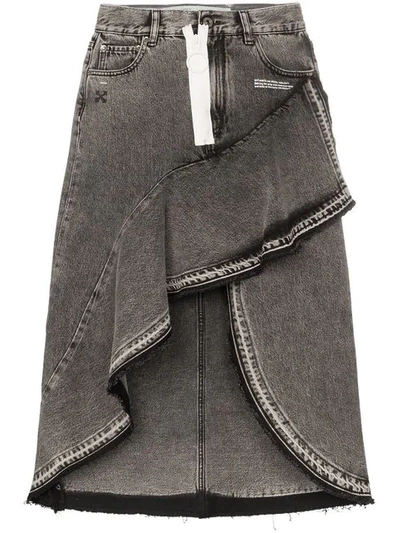 Shop Off-white Asymmetric Contrast Zip Denim Skirt In Grey