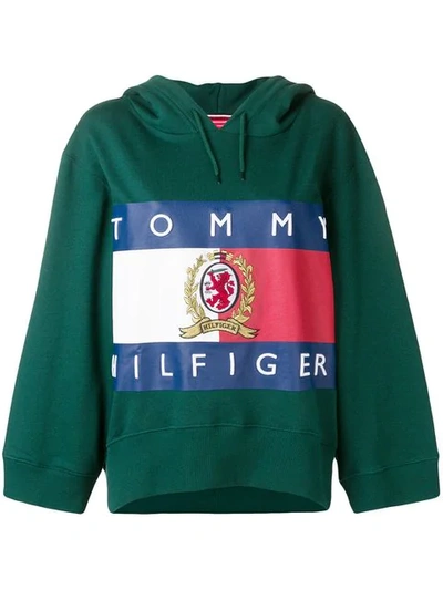Shop Tommy Hilfiger Logo Print Cropped Hoodie In Green