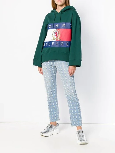 Shop Tommy Hilfiger Logo Print Cropped Hoodie In Green