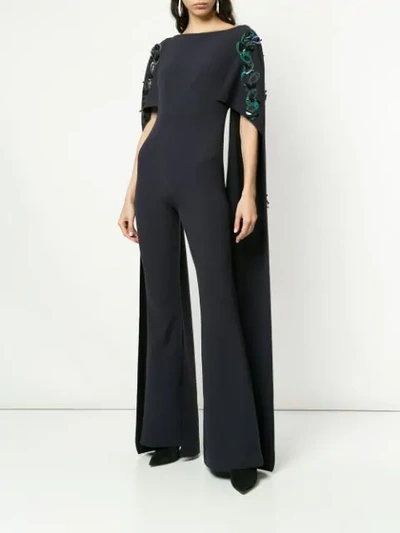 Shop Safiyaa London Embellished Cape Jumpsuit In Midnight Navy