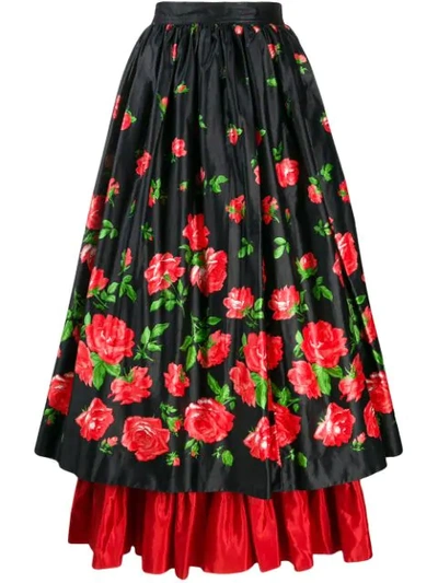 Shop Saint Laurent Yves   Rose Print Maxi Skirt - Black