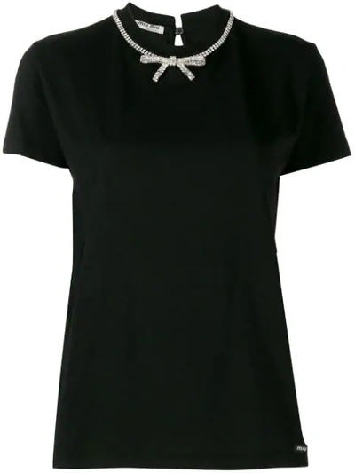 Shop Miu Miu Bow Embellished T-shirt In Black
