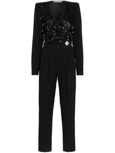 Shop Alessandra Rich Sequin Embellished Lace Wool Blend Jumpsuit In Black