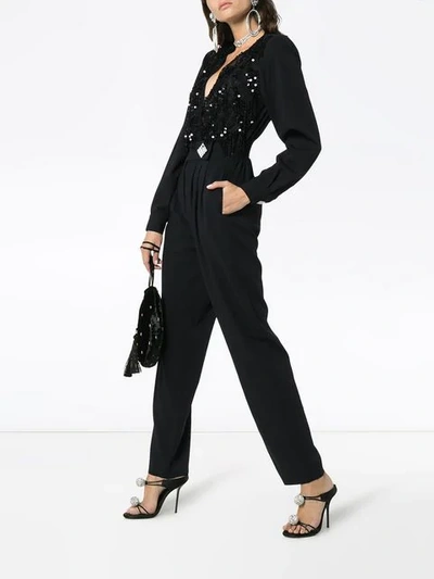 Shop Alessandra Rich Sequin Embellished Lace Wool Blend Jumpsuit In Black