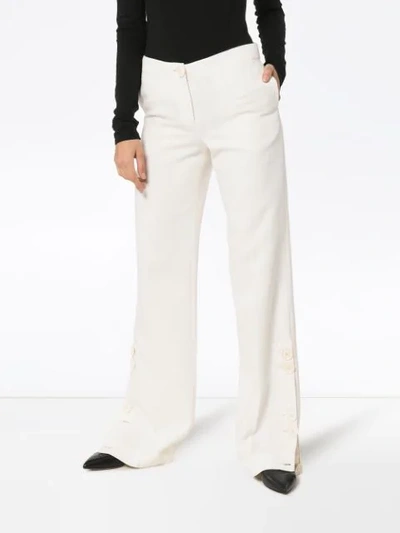 Shop Wales Bonner High Waist Buttoned Wide-leg Wool Trousers In White