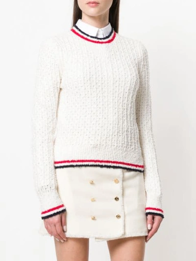 Shop Thom Browne Crewneck Pullover With Red, White And Blue Tipping Stripe In Merino Wool Boucle Blend In 100 White