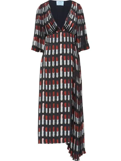 Shop Prada Lipstick Print Twill Dress In Black ,red