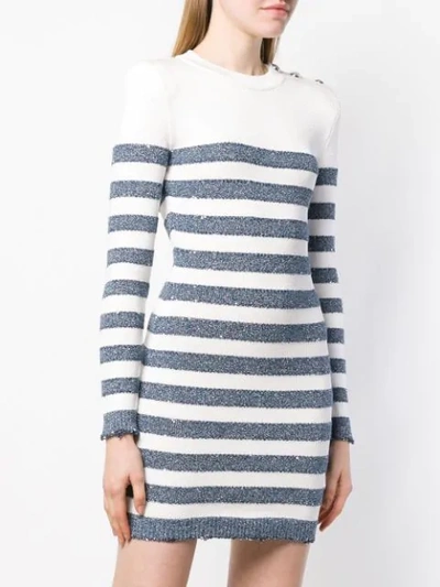 Shop Balmain Horizontal Stripes Knitted Dress In Sak Bleu