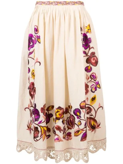 Shop Ulla Johnson Embroidered Floral Full Skirt In Neutrals