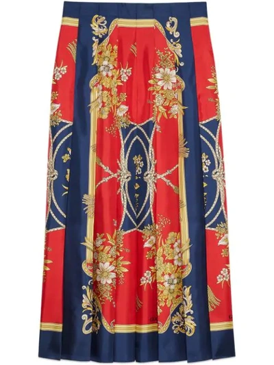 Shop Gucci Silk Skirt With Flowers And Tassels Print In 4006 Rosso