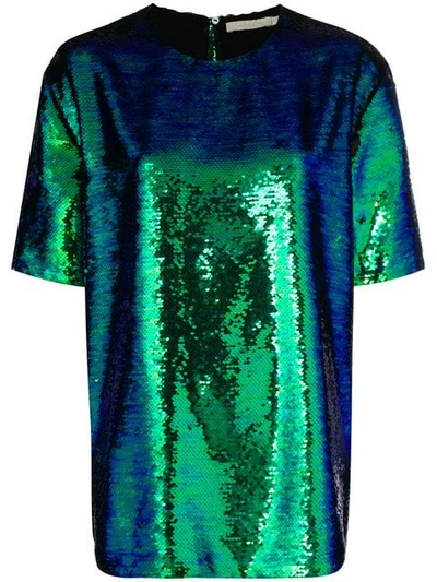 Shop Amen Short Sleeve Sequin Top In 922 Green/black