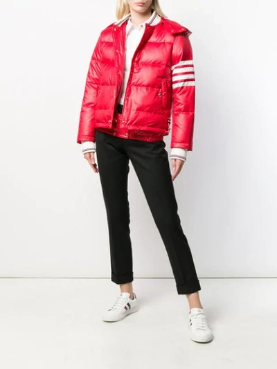 Shop Thom Browne 4-bar Downfilled Snap Front Detachable Hood Bomber In Mini Ripstop In Red