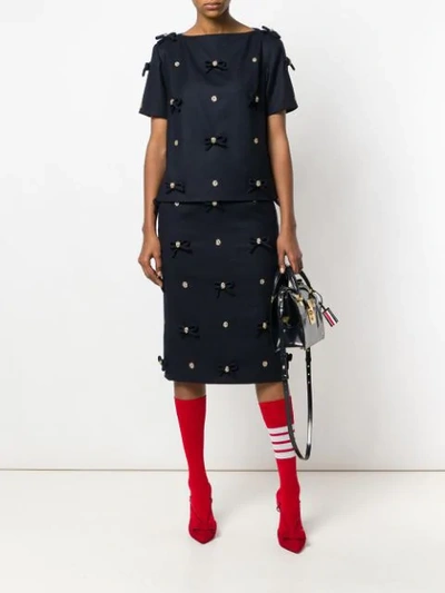 Shop Thom Browne Crystal Bow Applique Sheath Skirt In Flannel In Blue