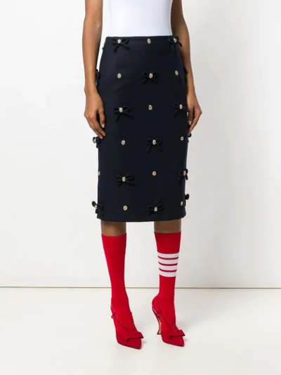 Shop Thom Browne Crystal Bow Applique Sheath Skirt In Flannel In Blue