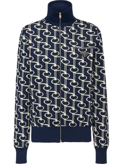 Shop Prada Jacquard Knit Jacket In Blue ,white