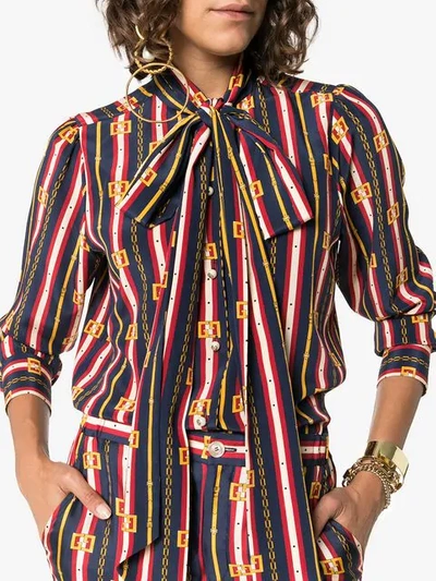 Shop Gucci Bow Detail Chain Print Silk Shirt In Blue