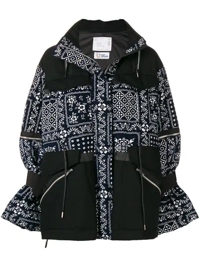 Shop Sacai Floral Embroidered Padded Jacket - Blue