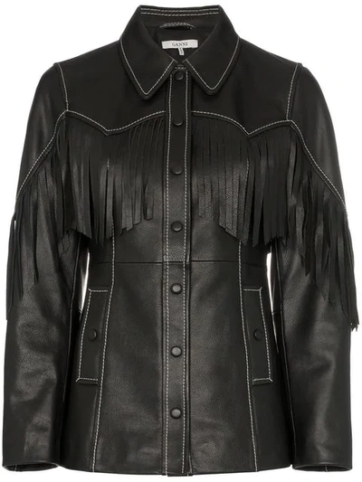 Shop Ganni Angela Fringed Leather Jacket In Black