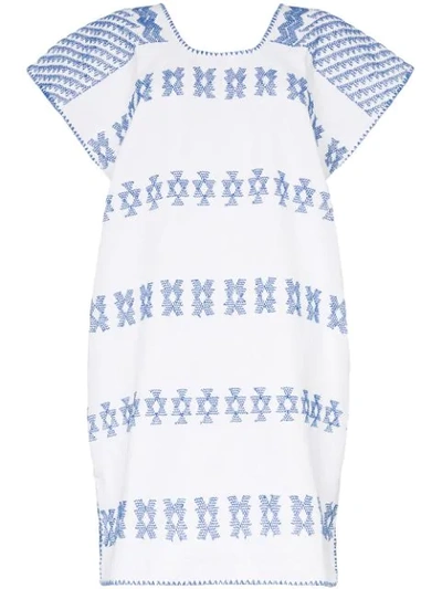 Shop Pippa Holt White And Blue Embroidered Kaftan Mini-dress