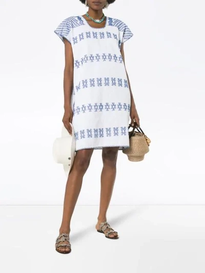 Shop Pippa Holt White And Blue Embroidered Kaftan Mini-dress