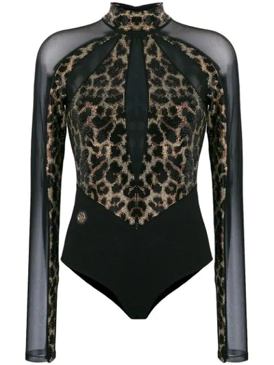 Shop Philipp Plein Leopard Sheer Bodysuit In Black