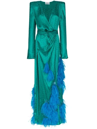 Shop Attico Feather-embellished Star Jacquard Gown In Green
