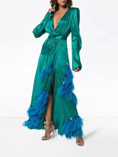 Shop Attico Feather-embellished Star Jacquard Gown In Green