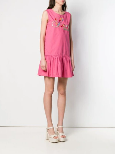 Shop Love Moschino Floral Embroidered Logo Dress - Pink