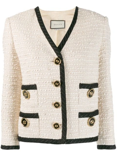 Shop Gucci Contrasting Trim Tweed Jacket - Neutrals