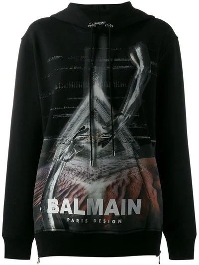 Shop Balmain Logo Printed Hoodie In Black