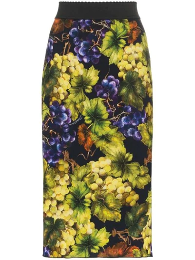Shop Dolce & Gabbana Grape-print Silk-blend Cady Midi Skirt - Green